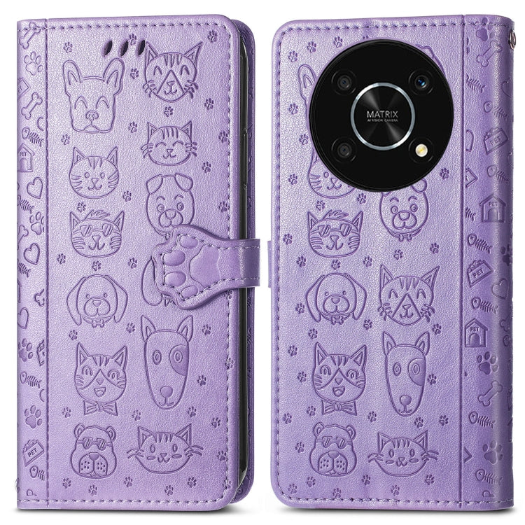 Purple embossed leather phone case with cat and dog motif, front flip cover with clasp.