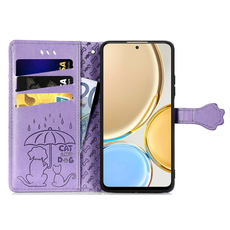 Purple embossed phone case with cat and dog pattern, open wallet with card slots and strap.