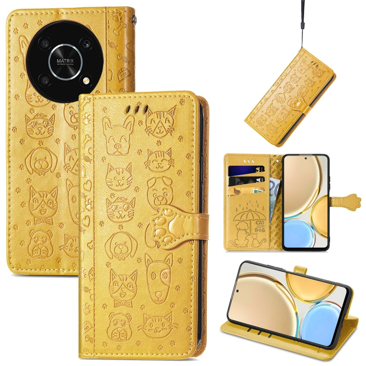 Gold embossed leather phone case with cute cat and dog pattern, flip cover and hanging strap.
