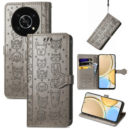 Gray embossed leather phone case with cat and dog pattern, flip cover with clasp and strap.