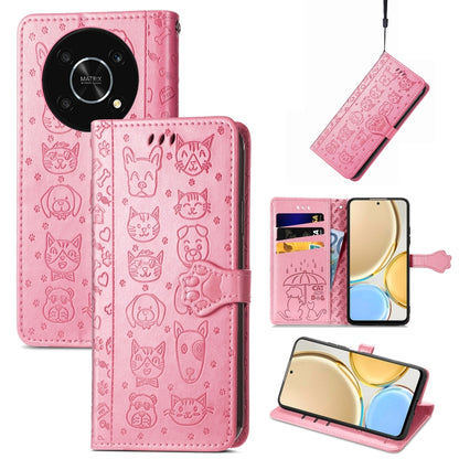 Pink embossed leather phone case with cute cat and dog pattern, flip cover and hanging strap.
