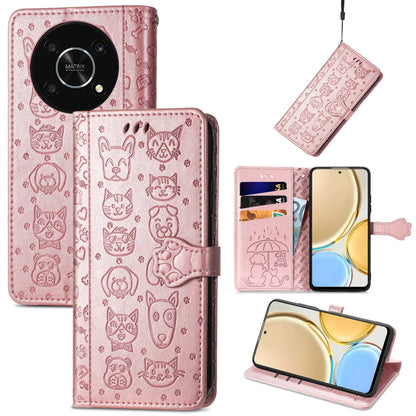 Light pink embossed leather phone case with cat and dog motif, flip cover and strap.