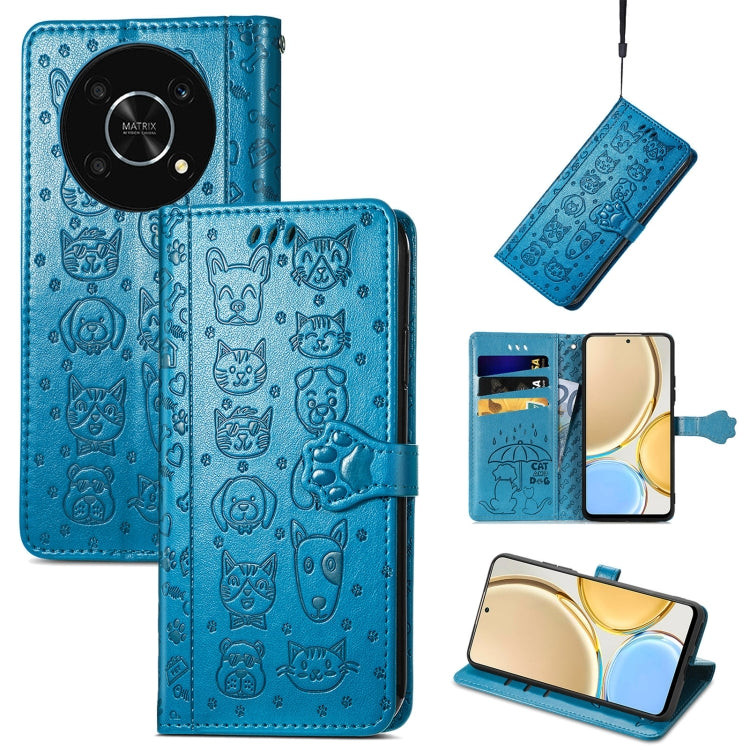 Blue embossed leather phone case with cat and dog pattern, flip cover and hanging strap.