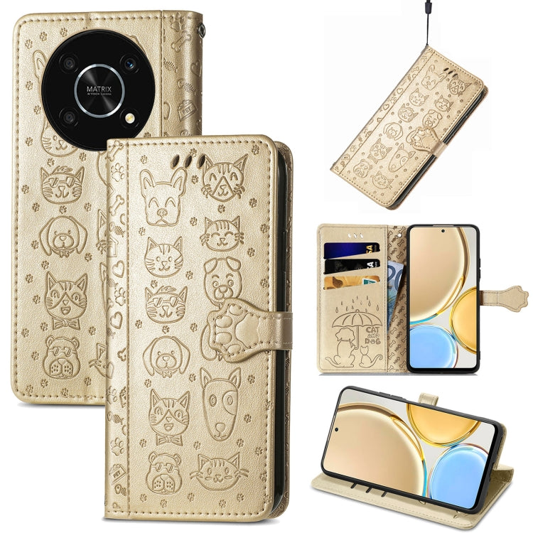 Beige embossed leather phone case with cat and dog pattern, flip cover and hanging strap.