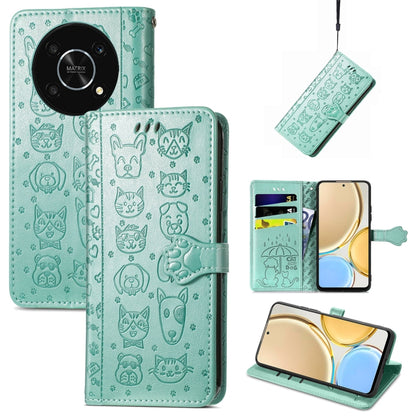 Teal embossed leather phone case with cat and dog pattern, flip cover and wallet pocket