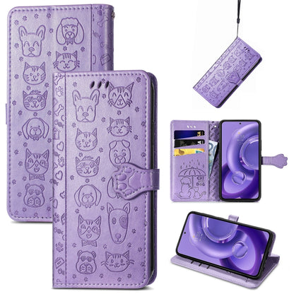 Purple embossed leather phone case with cat and dog pattern, flip cover and card slots