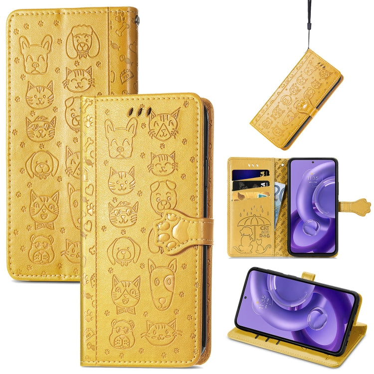 Gold embossed leather phone case with cat and dog pattern, flip cover and card slots
