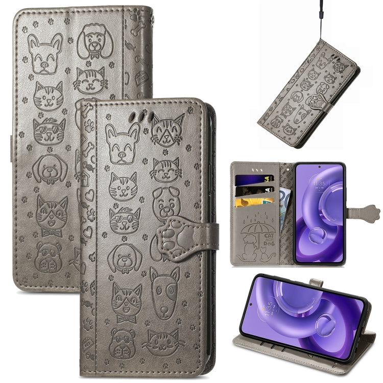 Gray embossed leather phone case with cat and dog pattern, flip cover and card slots