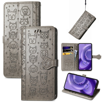 Gray embossed leather phone case with cat and dog pattern, flip cover and card slots