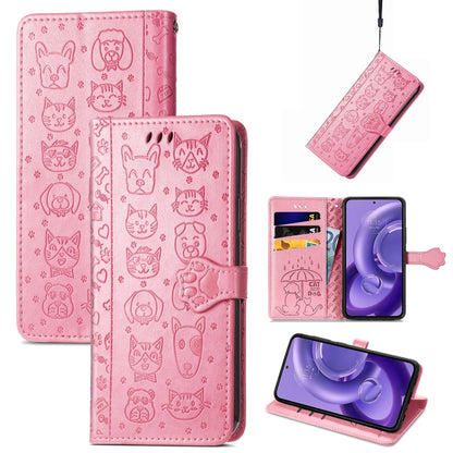Pink embossed leather phone case with cat and dog pattern, flip cover and card slots