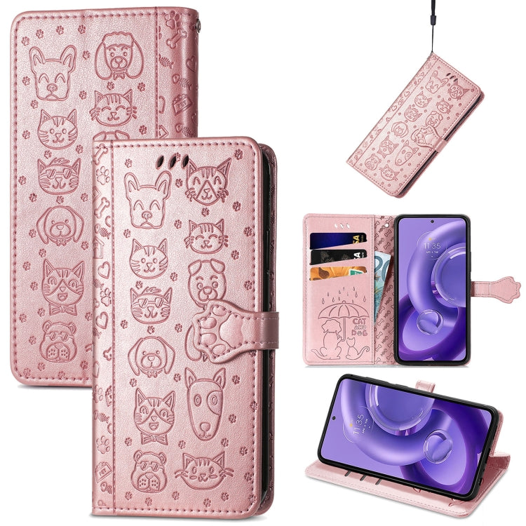 Light pink embossed leather phone case with cat and dog pattern, flip cover and card slots
