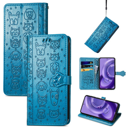 Blue embossed leather phone case with cat and dog pattern, flip cover and card slots