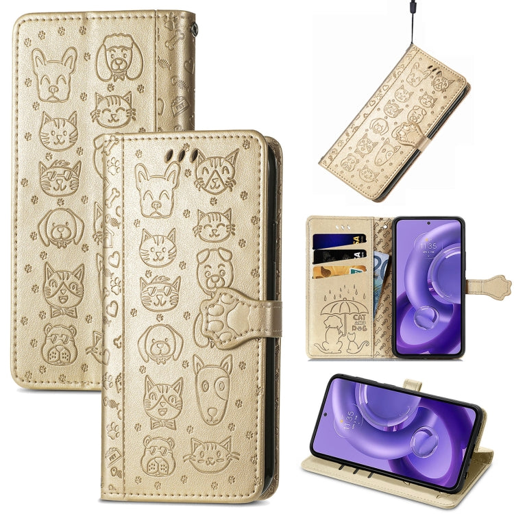 Beige embossed leather phone case with cat and dog pattern, flip cover and card slots