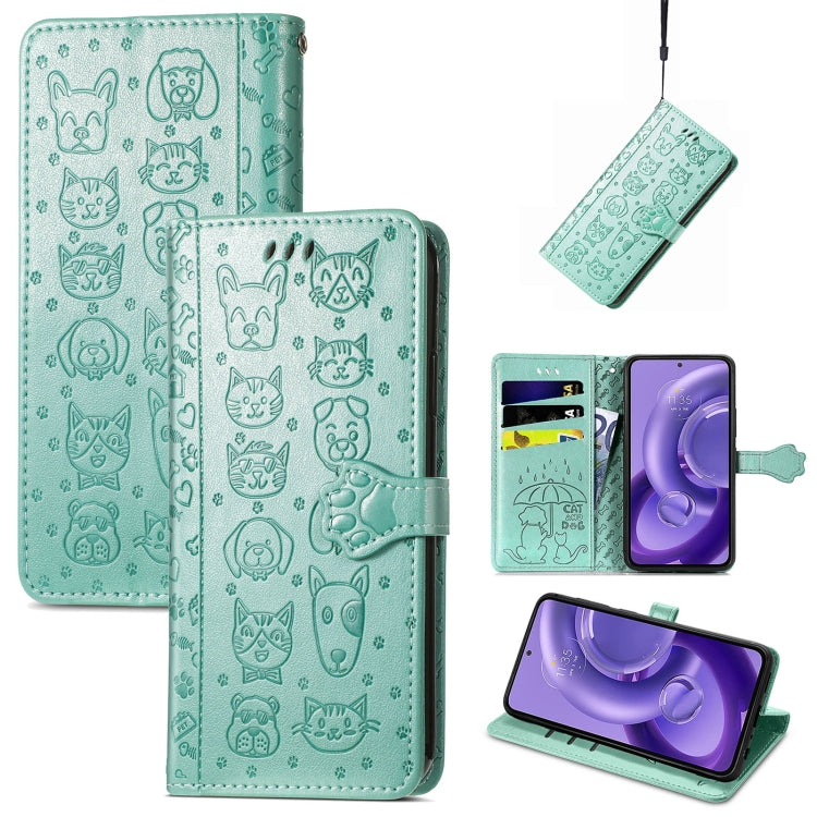 Teal embossed leather phone case with cat and dog pattern, flip cover and card slots