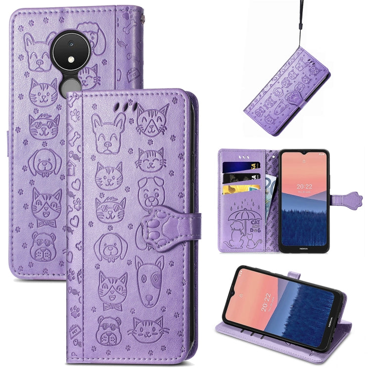 Purple embossed leather phone case with cat and dog pattern, flip cover and card slots
