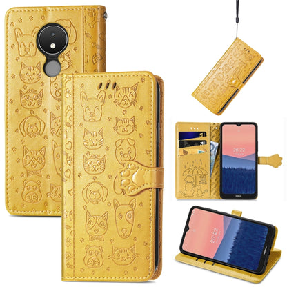Embossed leather phone wallet case in gold with cat and dog icons, flip cover