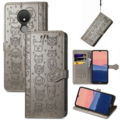 Embossed leather phone wallet case in gray with cat and dog icons, flip cover