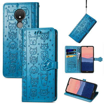 Embossed leather phone wallet case in blue with cat and dog icons, flip cover