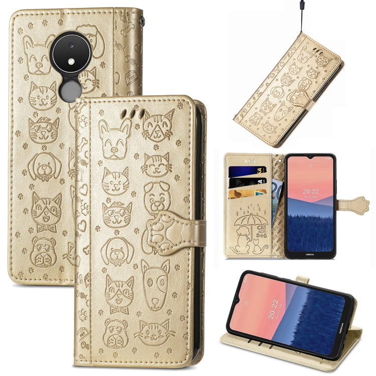 Embossed leather phone wallet case in beige-gold with cat and dog icons, flip cover