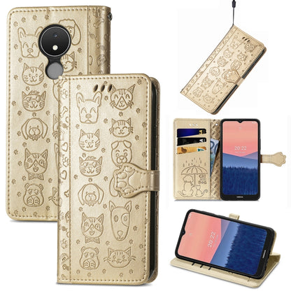 Embossed leather phone wallet case in beige-gold with cat and dog icons, flip cover