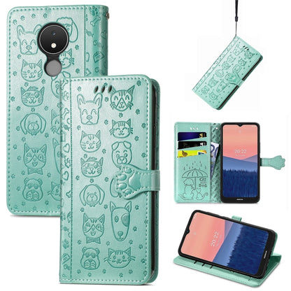 Embossed leather phone wallet case in teal with cat and dog icons, flip cover