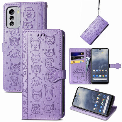 Embossed leather phone wallet case in purple with cat and dog icons, flip cover