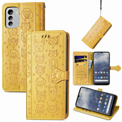 Embossed leather phone wallet case in mustard gold with cat and dog icons, flip cover