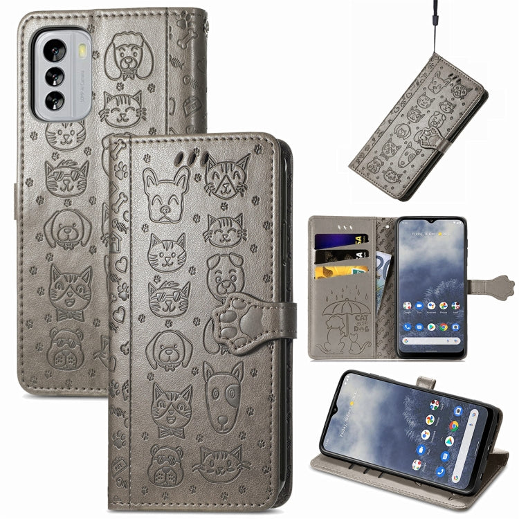 Embossed leather phone wallet case in dark gray with cat and dog icons, flip cover