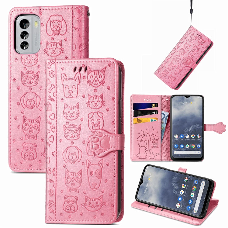Pink embossed cat-and-dog leather wallet phone case with folio flip cover and card slots