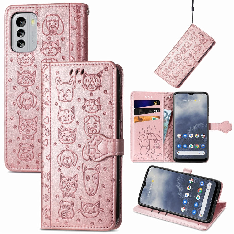 Light pink embossed cat-and-dog leather wallet phone case with folio flip cover