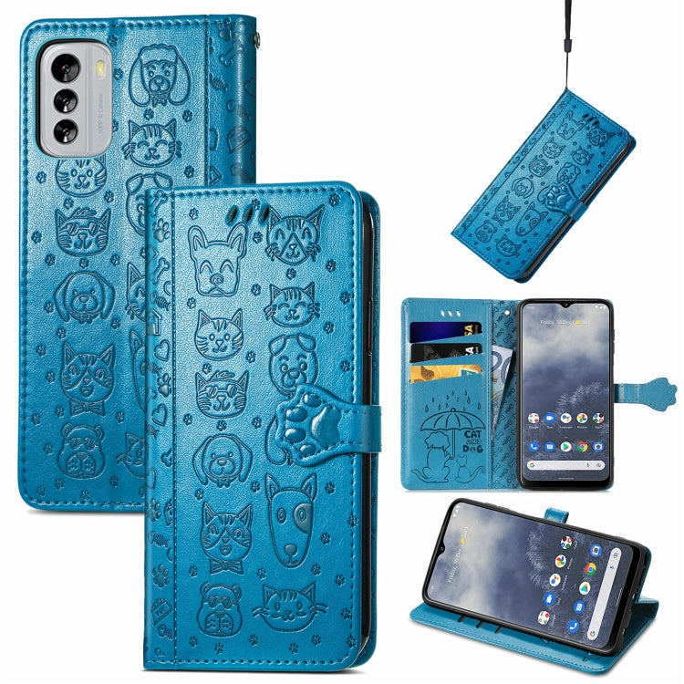 Blue embossed cat-and-dog leather wallet phone case with folio flip cover and cutout