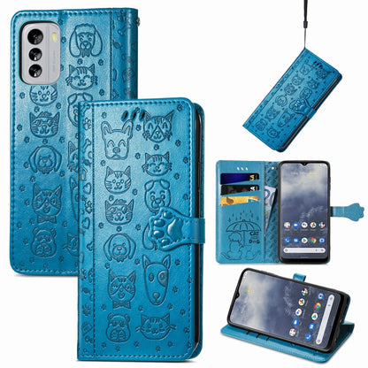 Blue embossed cat-and-dog leather wallet phone case with folio flip cover and cutout
