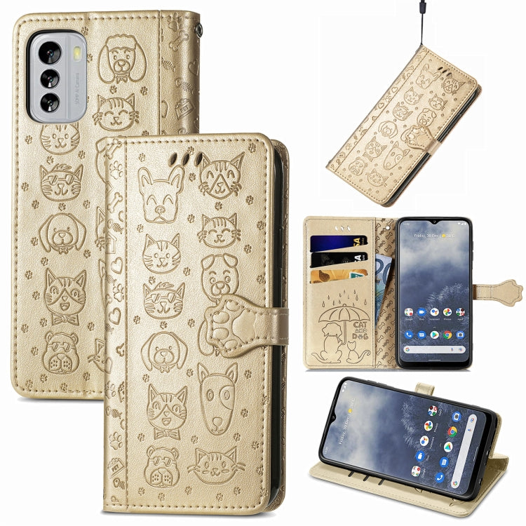 Beige embossed cat-and-dog leather wallet phone case with folio flip cover and phone stand