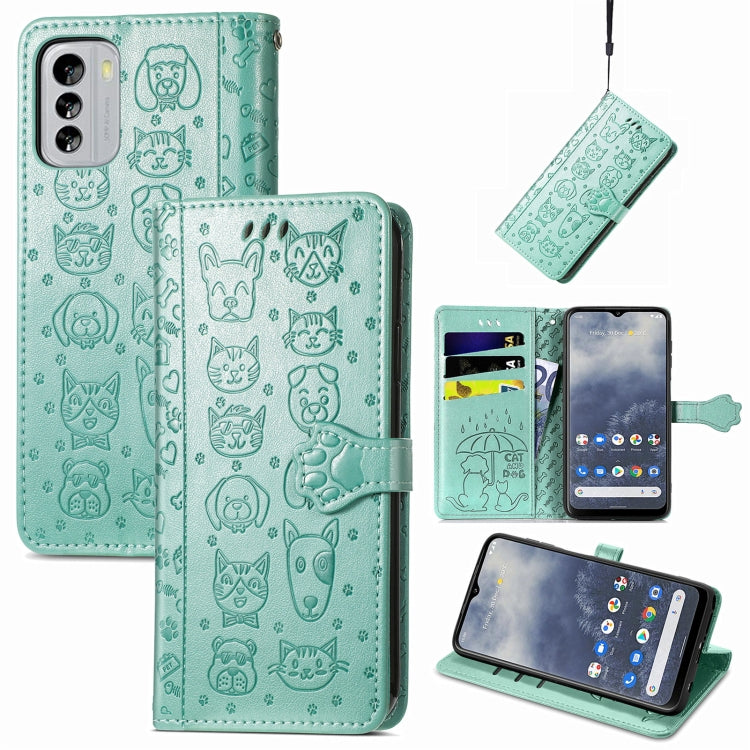 Mint green embossed cat-and-dog leather wallet phone case with folio flip cover