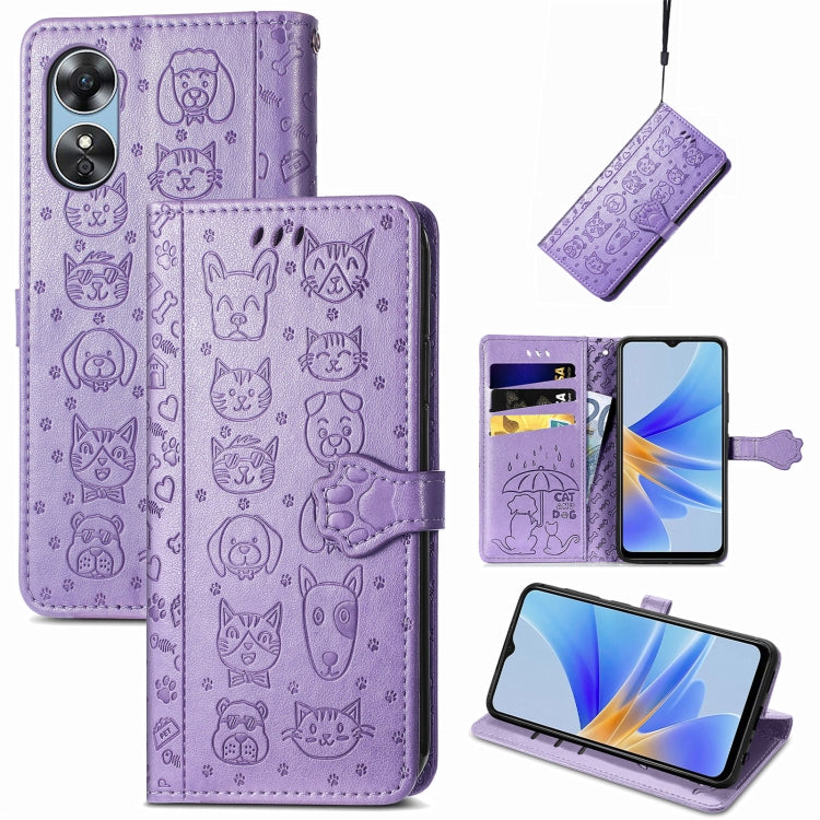 Cat and Dog Embossed Leather Phone Case, For OPPO A17, For OPPO A97 5G, For Realme C33, For vivo Y16, For vivo Y77 5G Global