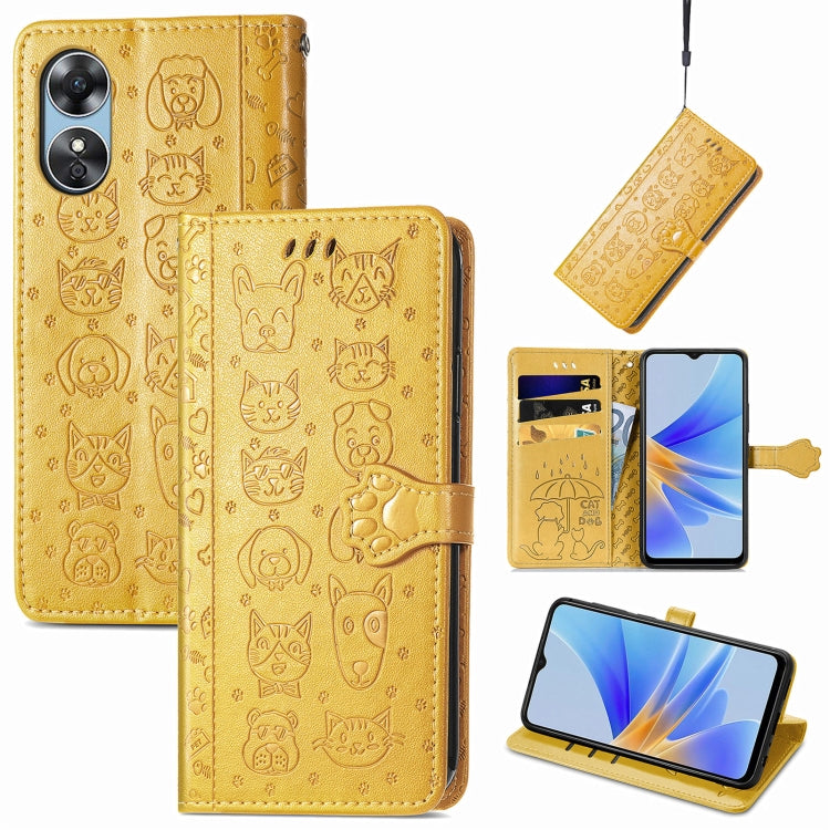 Cat and Dog Embossed Leather Phone Case, For OPPO A17, For OPPO A97 5G, For Realme C33, For vivo Y16, For vivo Y77 5G Global