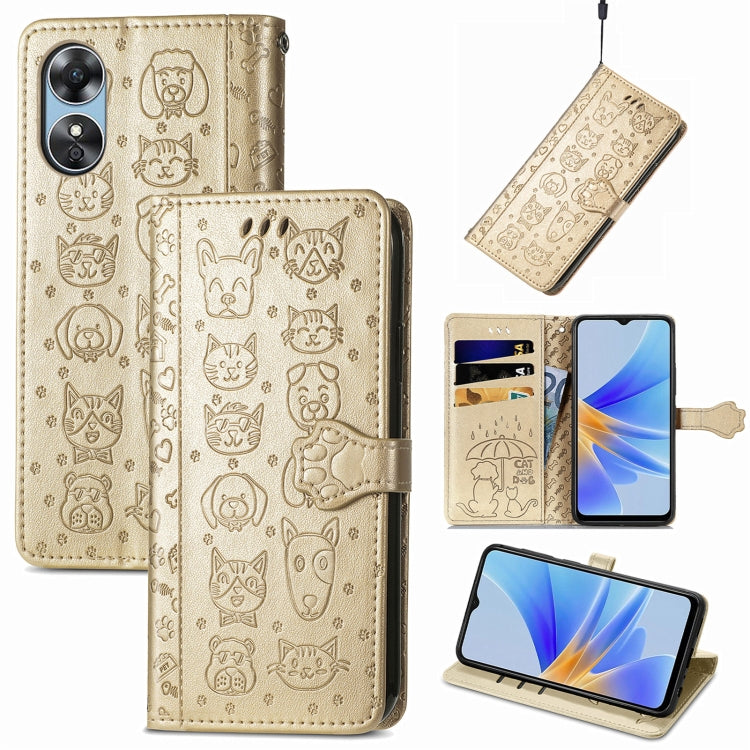 Cat and Dog Embossed Leather Phone Case, For OPPO A17, For OPPO A97 5G, For Realme C33, For vivo Y16, For vivo Y77 5G Global