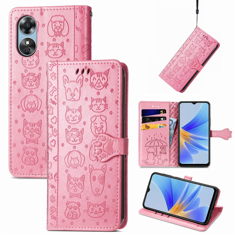 Cat and Dog Embossed Leather Phone Case, For OPPO A17, For OPPO A97 5G, For Realme C33, For vivo Y16, For vivo Y77 5G Global