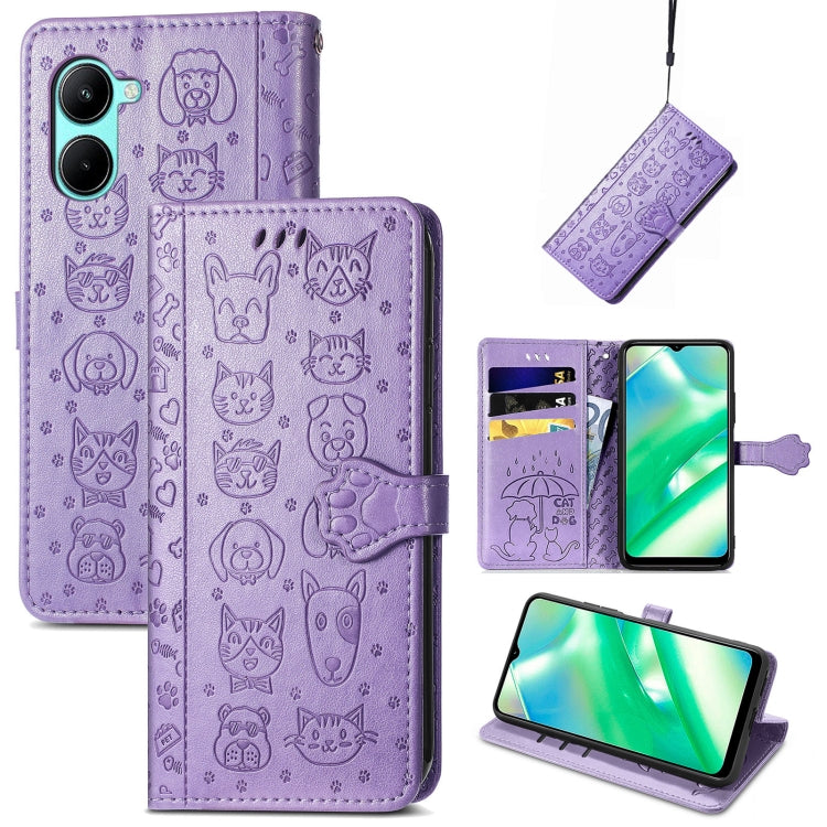 Cat and Dog Embossed Leather Phone Case, For OPPO A17, For OPPO A97 5G, For Realme C33, For vivo Y16, For vivo Y77 5G Global