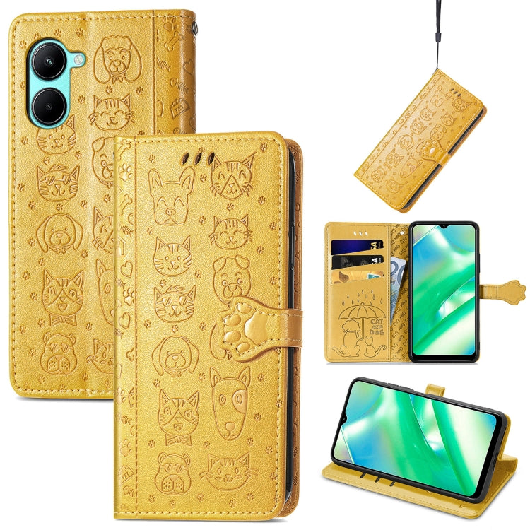Cat and Dog Embossed Leather Phone Case, For OPPO A17, For OPPO A97 5G, For Realme C33, For vivo Y16, For vivo Y77 5G Global