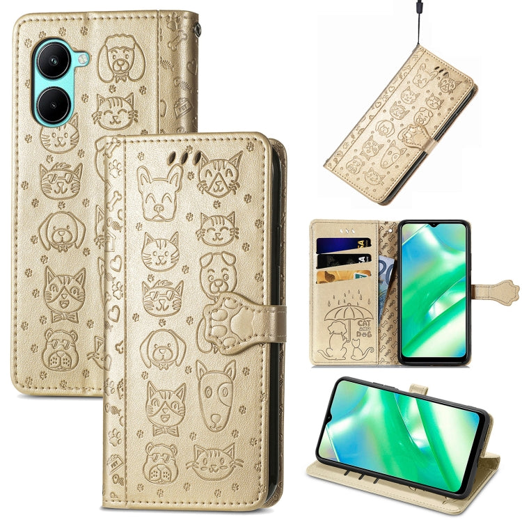 Cat and Dog Embossed Leather Phone Case, For OPPO A17, For OPPO A97 5G, For Realme C33, For vivo Y16, For vivo Y77 5G Global