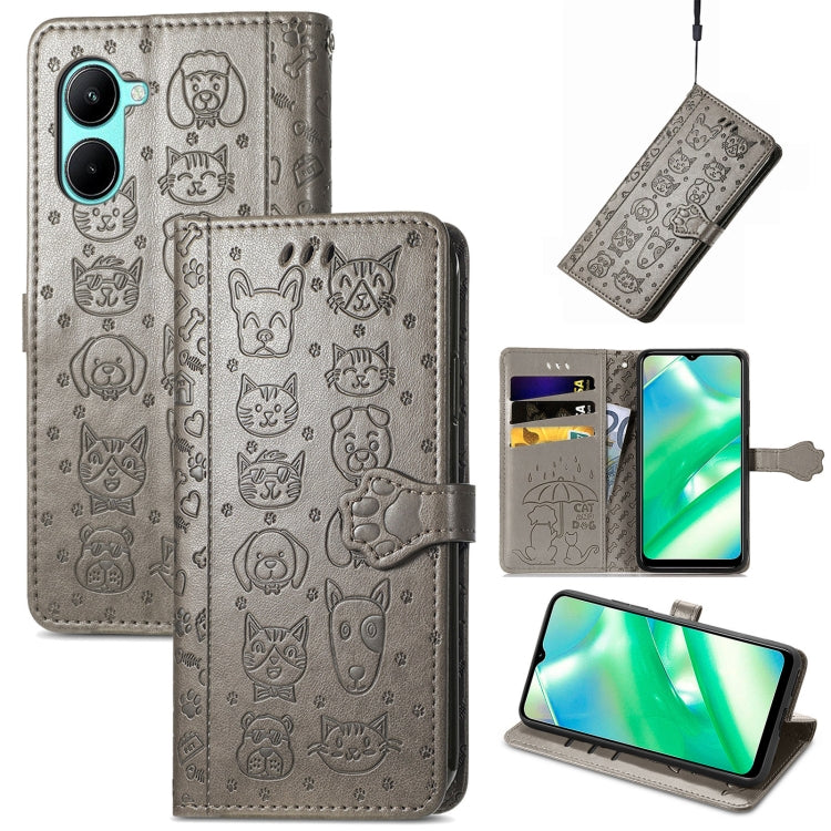 Cat and Dog Embossed Leather Phone Case, For OPPO A17, For OPPO A97 5G, For Realme C33, For vivo Y16, For vivo Y77 5G Global