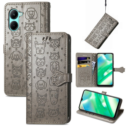 Cat and Dog Embossed Leather Phone Case, For OPPO A17, For OPPO A97 5G, For Realme C33, For vivo Y16, For vivo Y77 5G Global