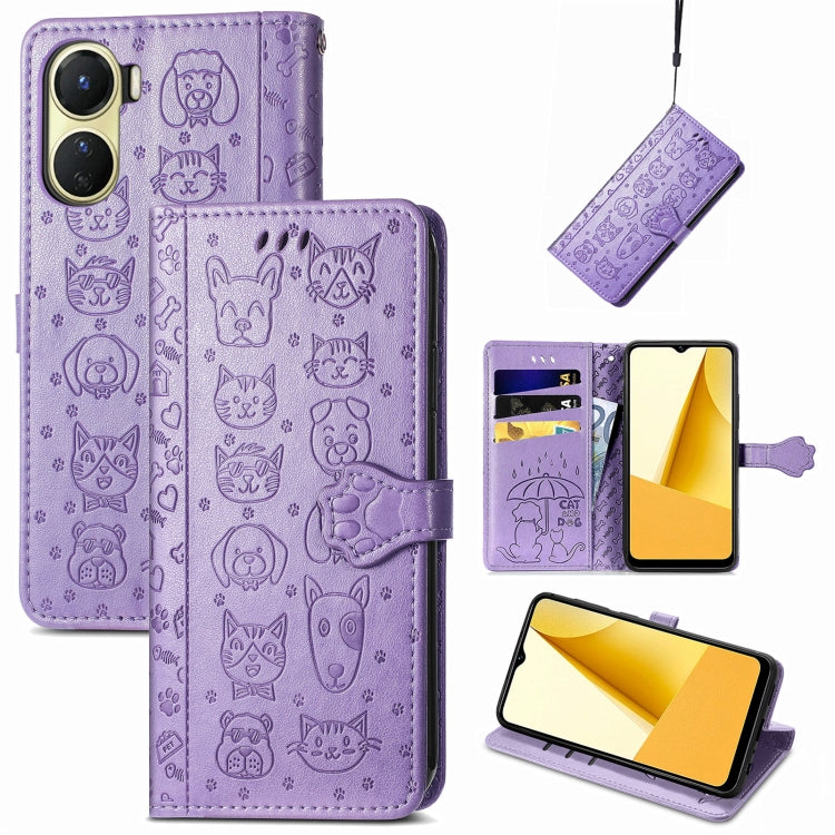 Cat and Dog Embossed Leather Phone Case, For OPPO A17, For OPPO A97 5G, For Realme C33, For vivo Y16, For vivo Y77 5G Global