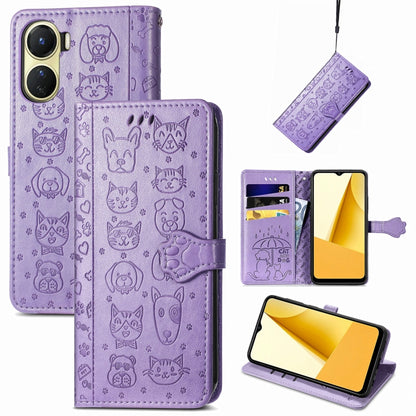 Cat and Dog Embossed Leather Phone Case, For OPPO A17, For OPPO A97 5G, For Realme C33, For vivo Y16, For vivo Y77 5G Global
