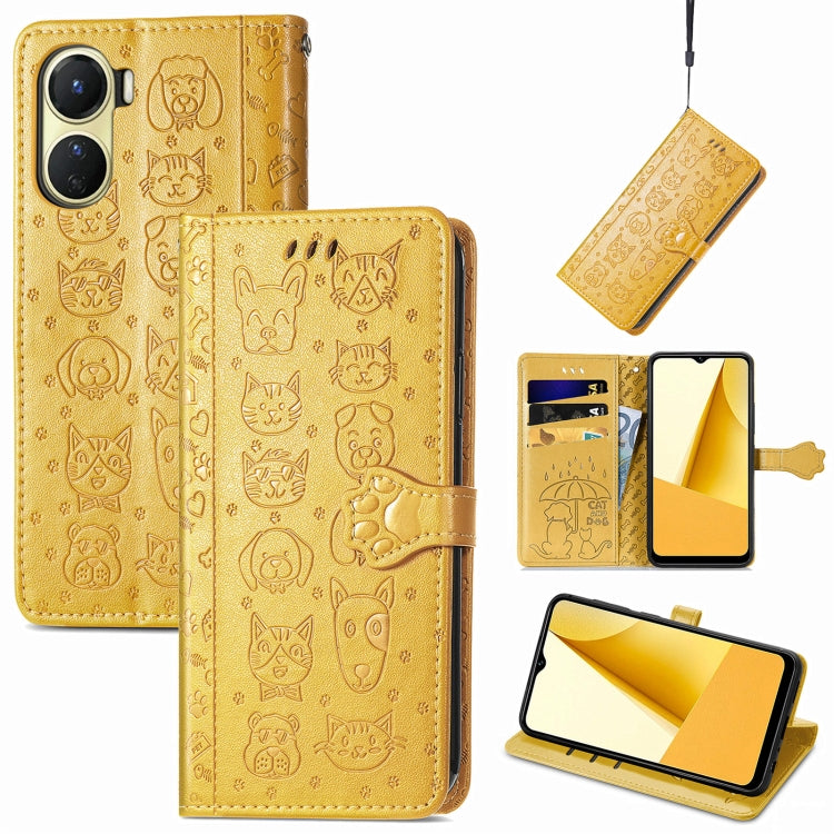 Cat and Dog Embossed Leather Phone Case, For OPPO A17, For OPPO A97 5G, For Realme C33, For vivo Y16, For vivo Y77 5G Global