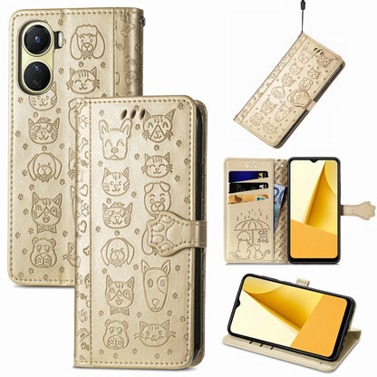 Cat and Dog Embossed Leather Phone Case, For OPPO A17, For OPPO A97 5G, For Realme C33, For vivo Y16, For vivo Y77 5G Global