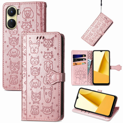 Cat and Dog Embossed Leather Phone Case, For OPPO A17, For OPPO A97 5G, For Realme C33, For vivo Y16, For vivo Y77 5G Global