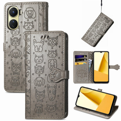 Cat and Dog Embossed Leather Phone Case, For OPPO A17, For OPPO A97 5G, For Realme C33, For vivo Y16, For vivo Y77 5G Global