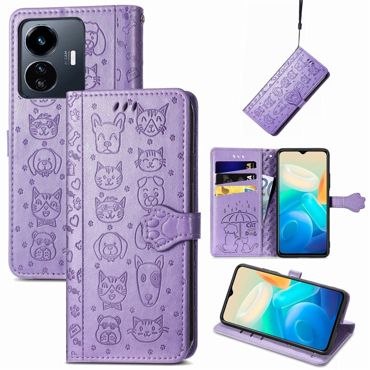 Cat and Dog Embossed Leather Phone Case, For OPPO A17, For OPPO A97 5G, For Realme C33, For vivo Y16, For vivo Y77 5G Global